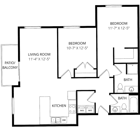 Floor plan for 2 beds, 2 baths, 1067 sqft